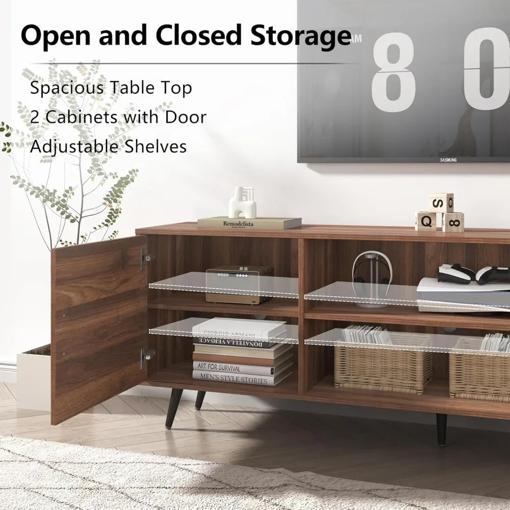 70 Inch Mid Century Modern TV Stand for 75 Inch TV, Wood TV Stand with Storage, Entertainment Center for Living Room Bedroom,