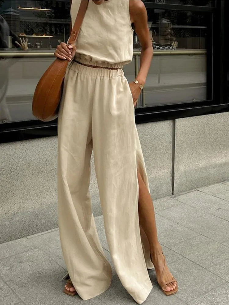 2025 New Fashion Cotton Linen Khaki Pants Sets Vacation Summer Sleeveless Tops And Split Pant Suits Two Pieces Office Ladies Set