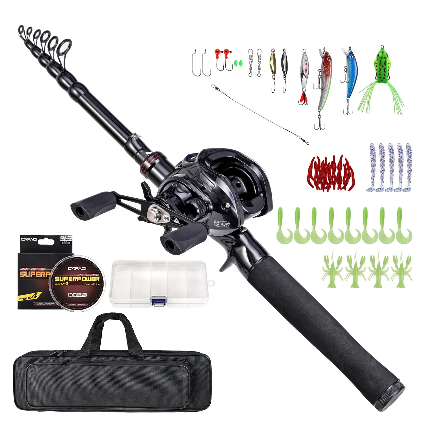 Fishing Rod Reel Combo Set Portable Telescopic 180cm/210cm w Spinning Reel Bait and Hook Accessories Sea Fishing Tackle Bag Case