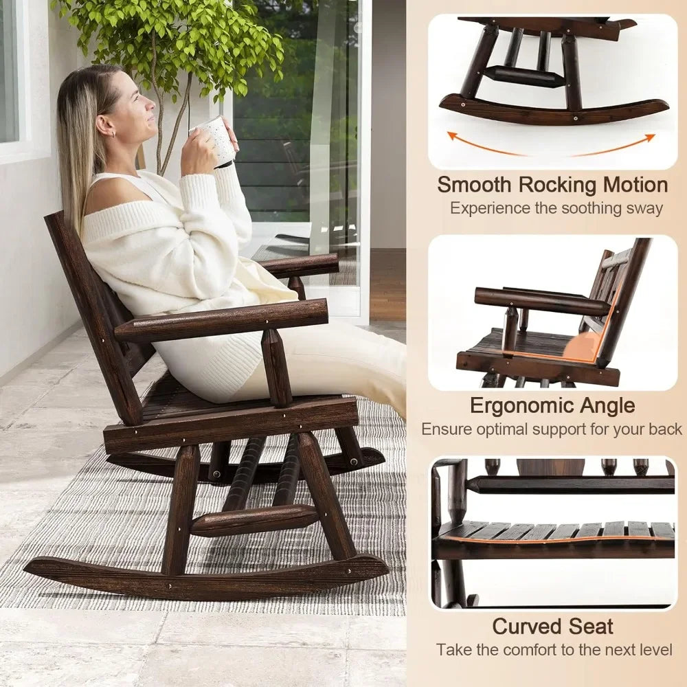 2-Seater Garden Bench,  Carbonized Wood Patio Rocker Chair with Ergonomic Backrest,  Outdoor Furniture Rocking Loveseat