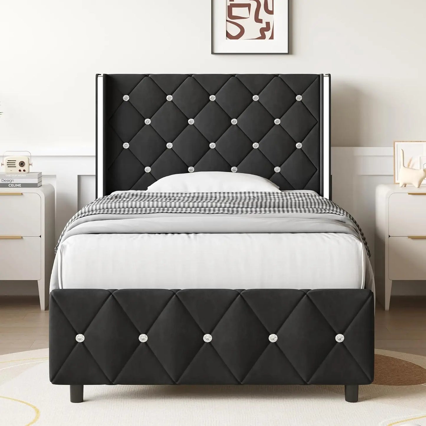 Queen Size Bed Frame with Diamond Headboard, Pink Bed Frame Queen, Upholstered Platform Bed Frame Faux Leather