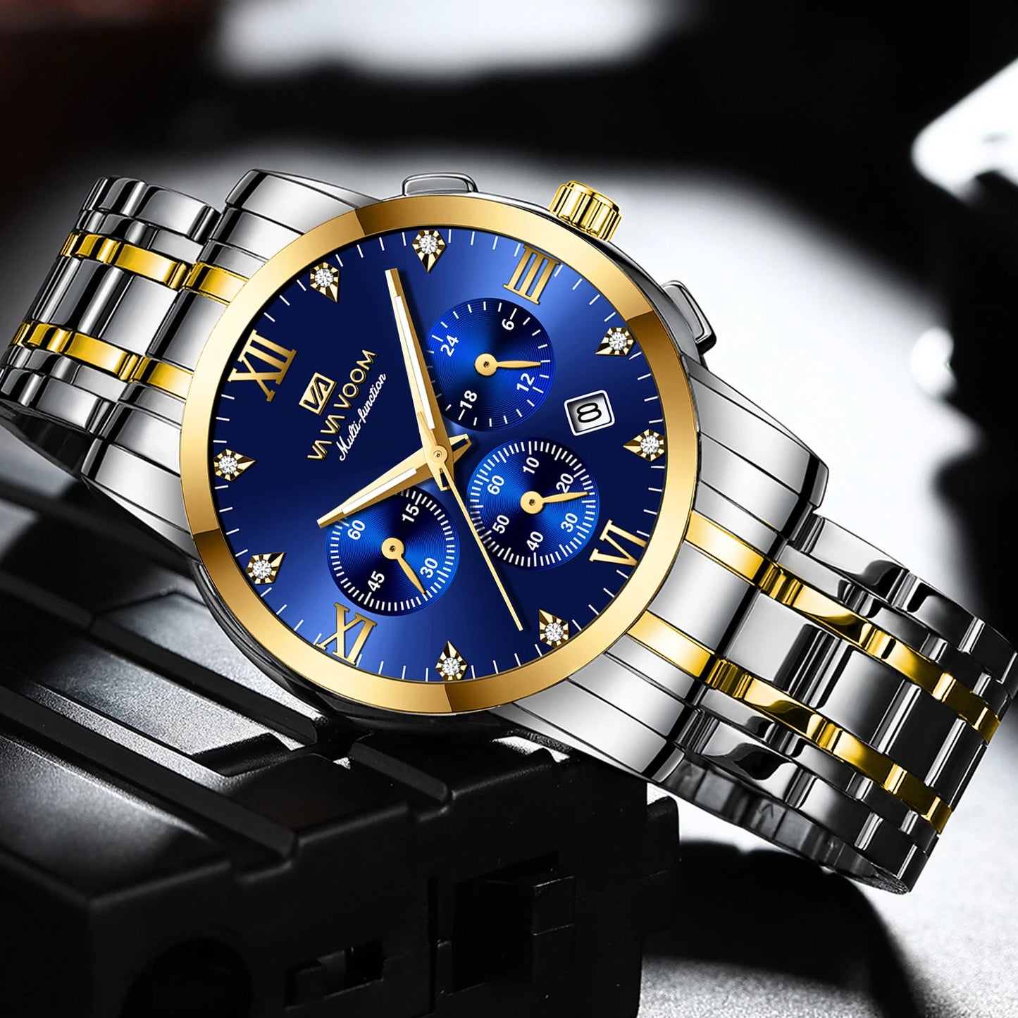 VA VA VOOM Men Multifunctional Watch Fashionable Stainless Steel Strap Blue Gold Gorgeous Rhinestone Clock Casual Sports Watches
