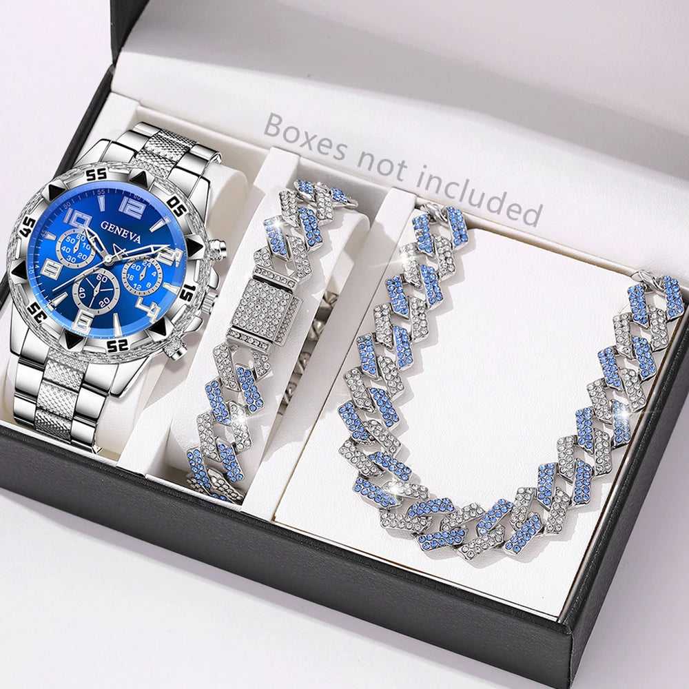 3PCS Luxury Men's Watch Set Fashion Trend Classic Quartz Watch Bracelet Necklace Set for Daily Clothing Matching or Holiday Gift