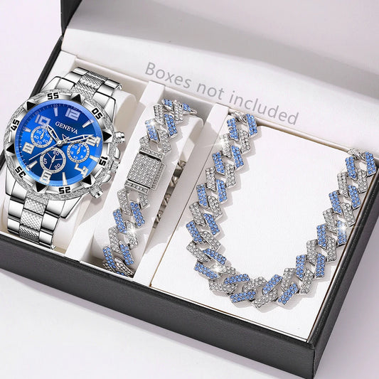 3PCS Luxury Men's Watch Set Fashion Trend Classic Quartz Watch Bracelet Necklace Set for Daily Clothing Matching or Holiday Gift