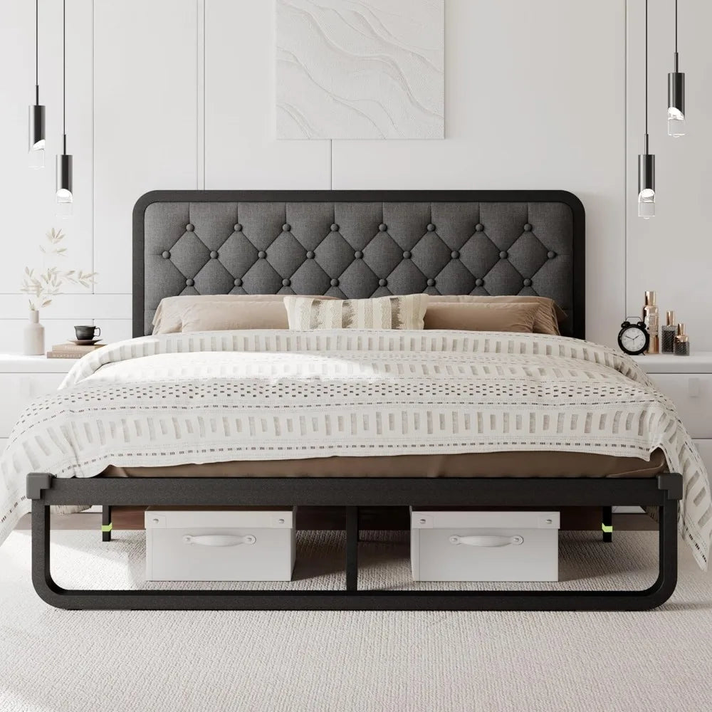 Bed Frame, Curved Metal Platform Bed Frame with Linen Upholstered Headboard, 12 Inch Under-Bed Space, No Box Spring Needed