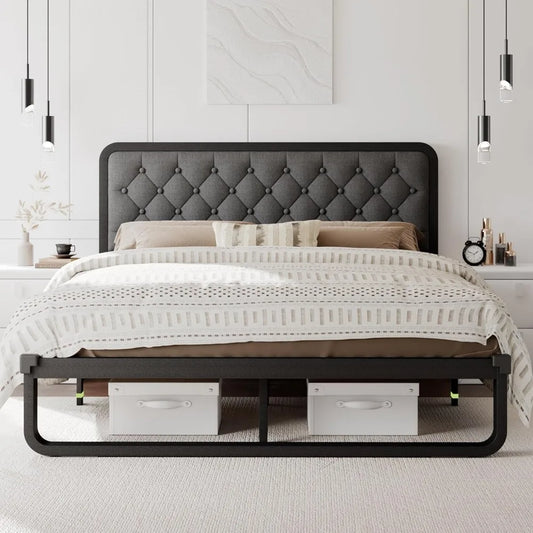 Bed Frame, Curved Metal Platform Bed Frame with Linen Upholstered Headboard, 12 Inch Under-Bed Space, No Box Spring Needed