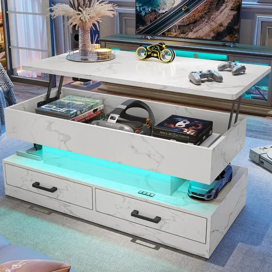 40" Lift Top Coffee Table, Coffee Tables with Storage for Living Room, Small Coffee Table with 2 Fabric Drawers & LED Lig