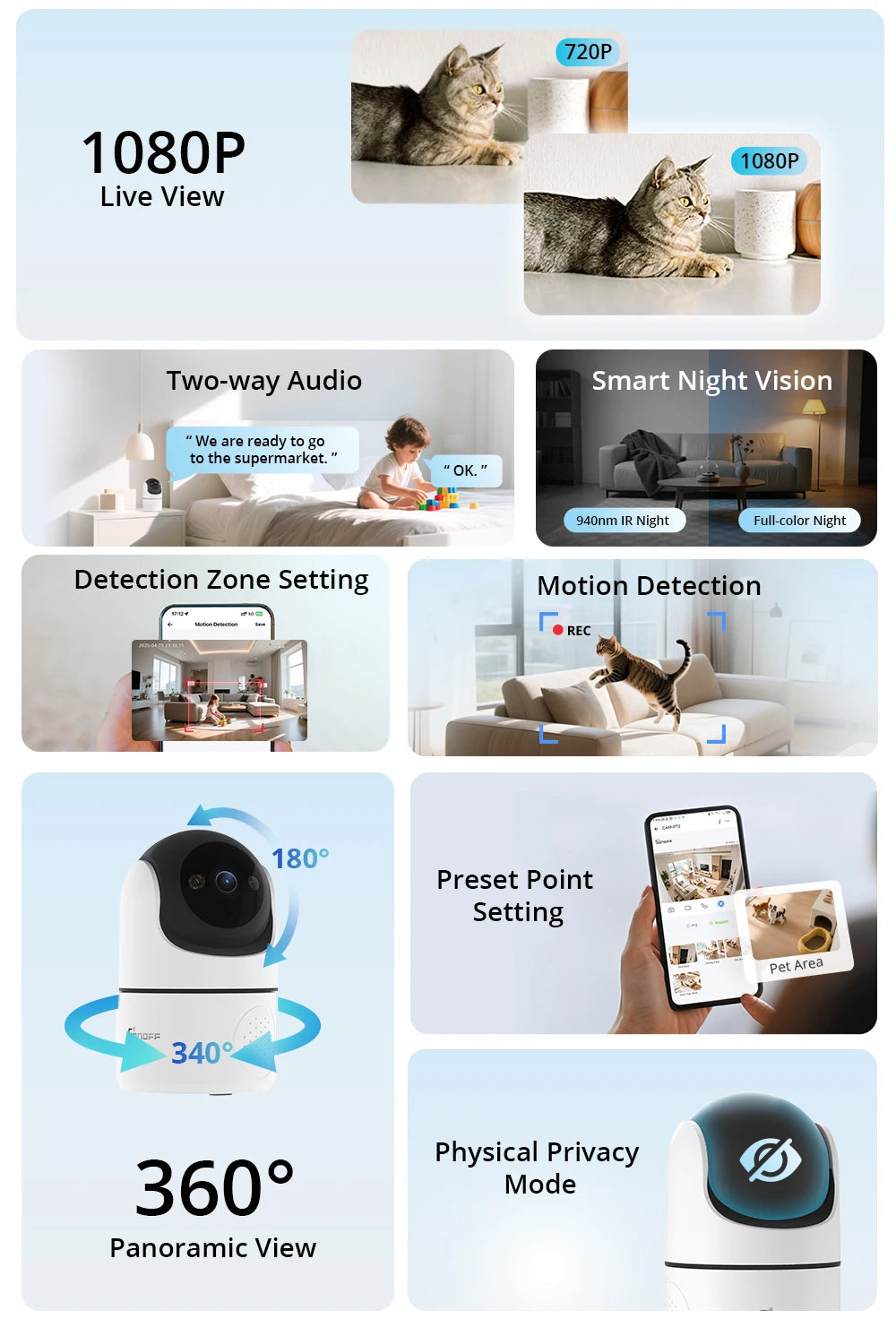 SONOFF CAM Pan-Tilt 2 Smart Indoor Home Security Camera Night Vision 360° Panoramic Human Detection & Motion Detection via Alexa