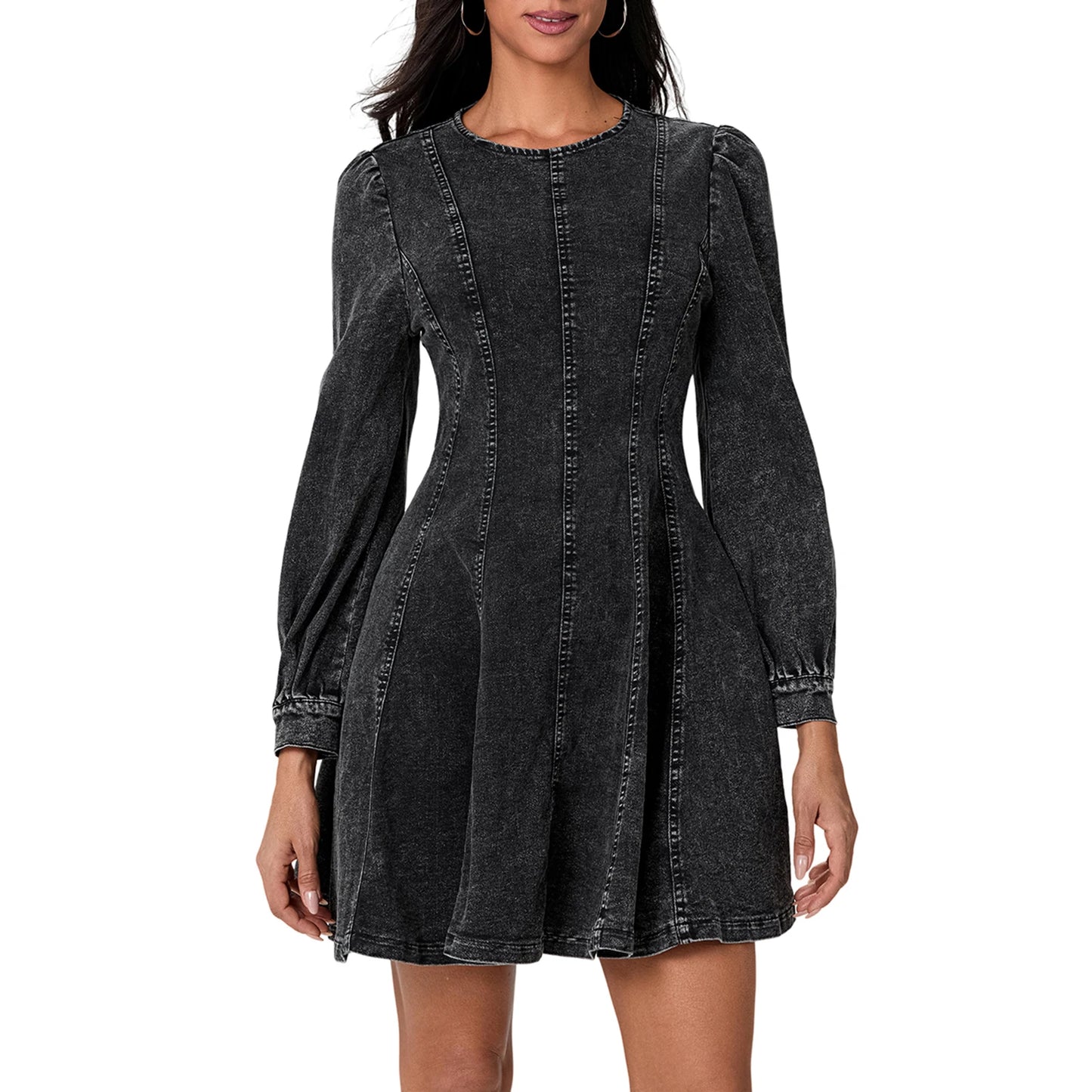 Elegant Women s Fall Denim Dress with Long Sleeves O Neck and Smocked Waist - Stylish A-line Mini Dress in Solid Color