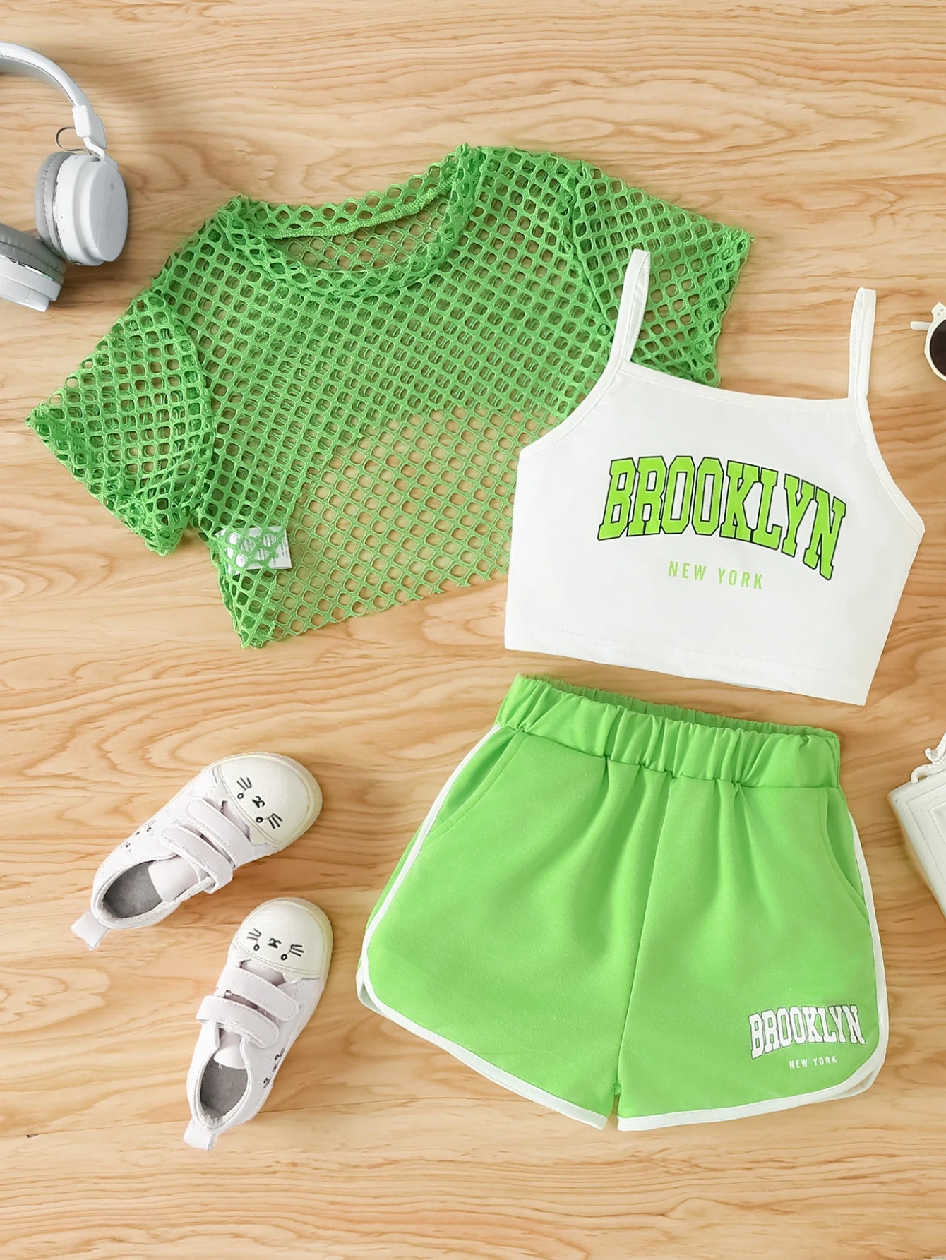 Girls Three-Piece Clothing New Breathable Summer Thin Fashion Short-Sleeved Mesh Top + Letter Printed Short Vest Suspender + Letter Printed Sports Shorts
