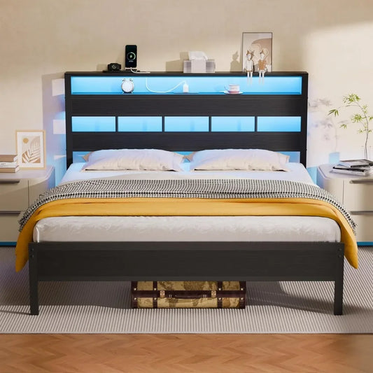 Queen Size Bed Frame with Storage Headboard and LED Lights Metal Bedframe with Charging Station Platform Bed