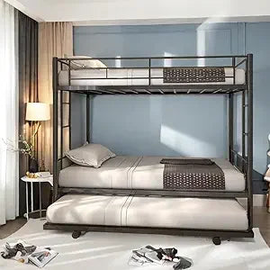 Twin Over Twin Bunk Bed Frame with Trundle,Metal Bunk Bed Bedframe with Guard Rail and 2 Ladders for Adults,Can be Divided into