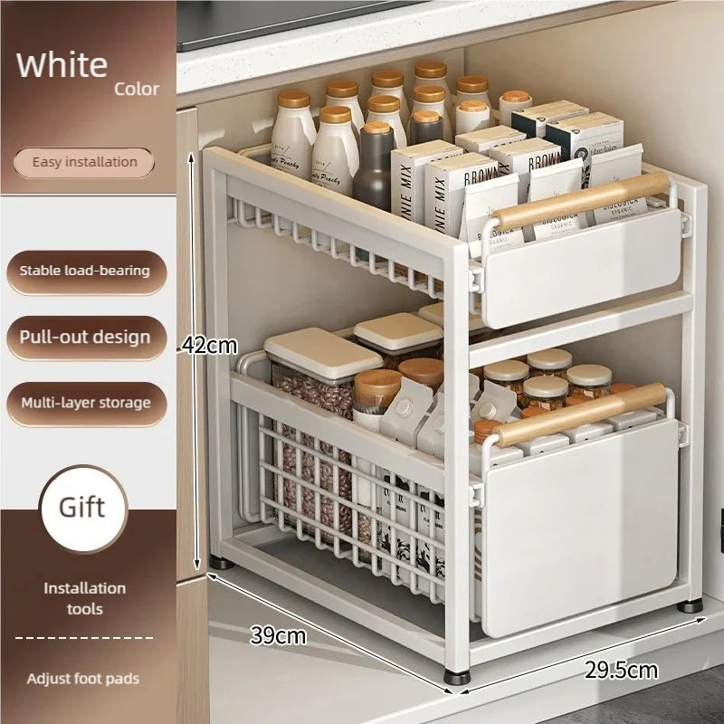 Kitchen Pull-out Basket Shelf Multifunctional Under Sink and Under Vanity Double Storage Shelf Save Space For Storage Items