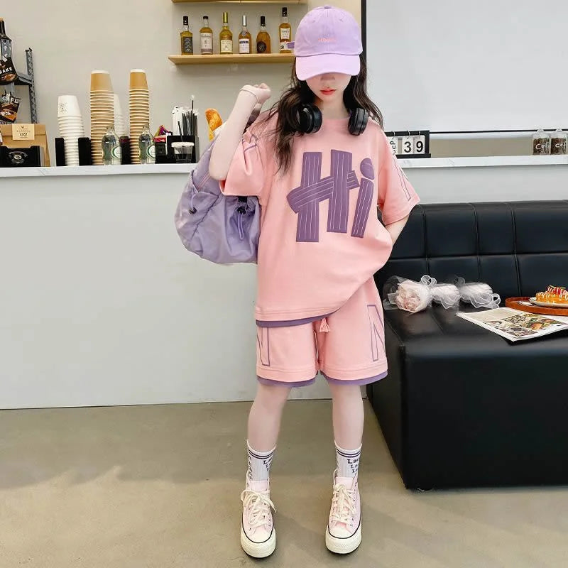 Summer Girls T-Shirts Sets Outfit New Kids Short Sleeve Tops+Shorts 2Pcs Children Clothes Teen Loose Casual Suits Sporty Outfits