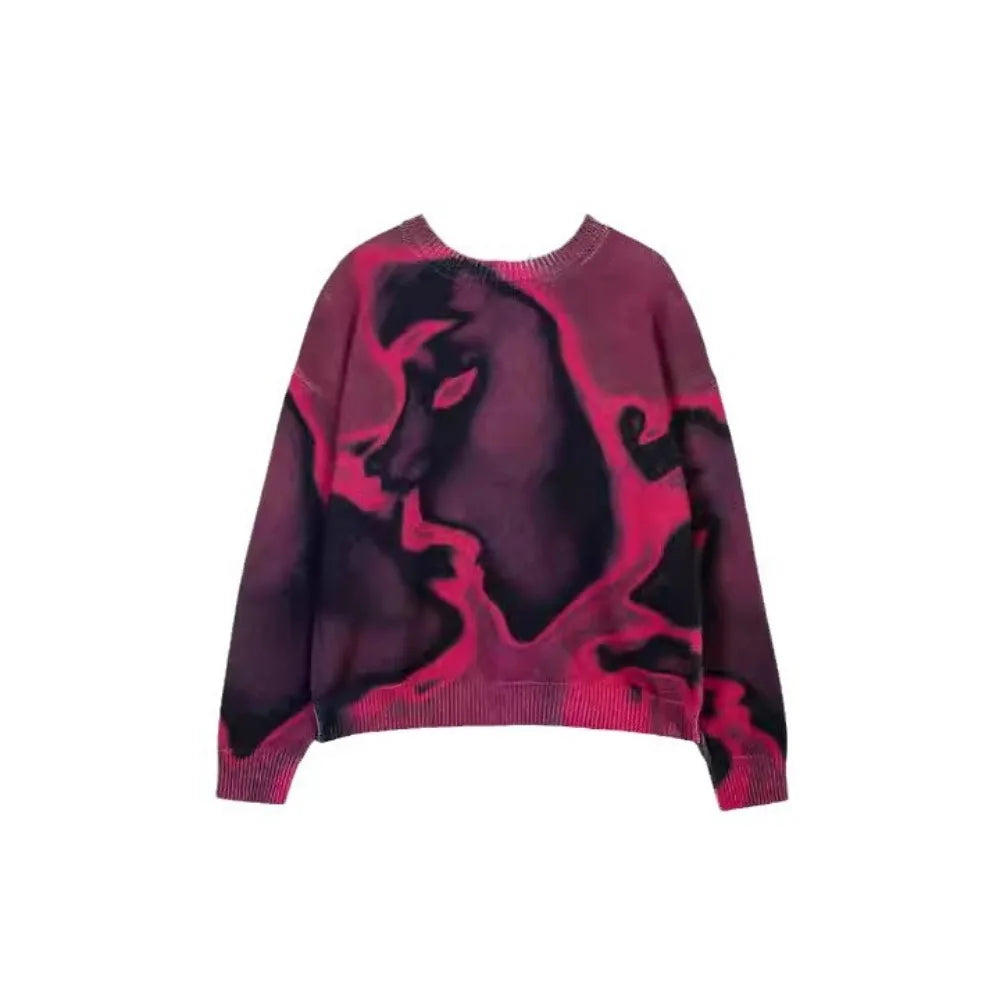 New Popular Spring Autumn Graffiti Jacquard Pattern Pullover Sweater Casual Round Neck Contrast Color Knitted Men's Pullover