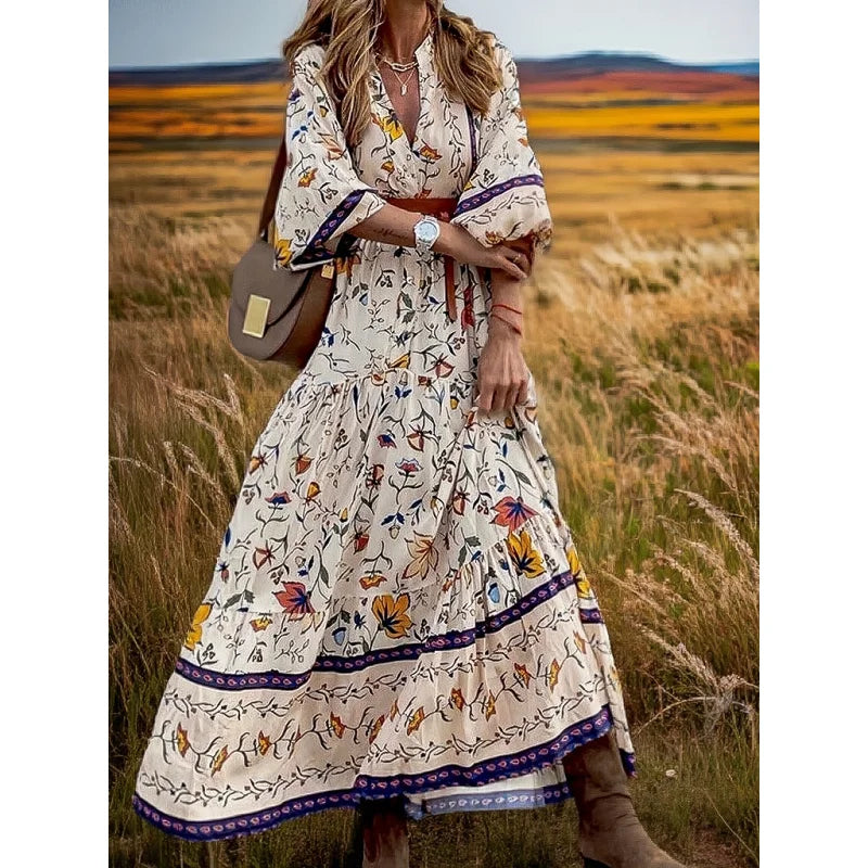 Boho Floral V Neck Dress - Women's 3/4 Sleeve Polyester Maxi Dress Casual Beach Cover Up Summer Vacation Outfit