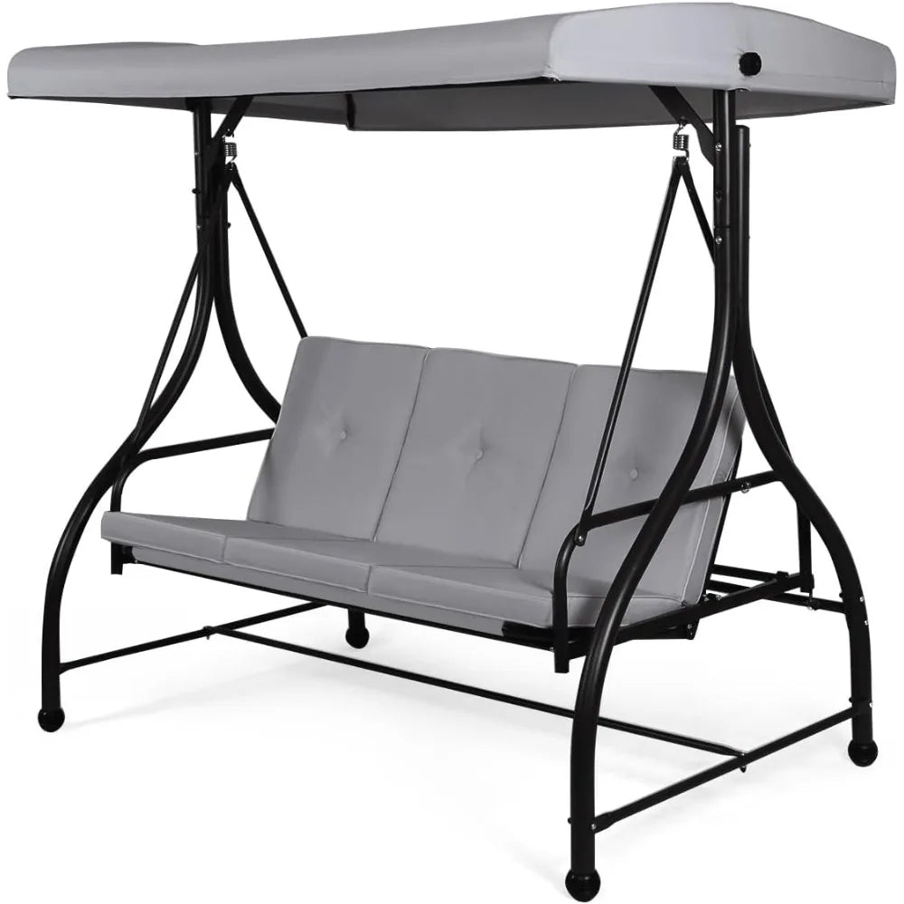 Garden Swing Chair, 3 Seater Convertible Outdoor Hammock Bench Chair with Adjustable Canopy and Cushions, Patio Swing Bench