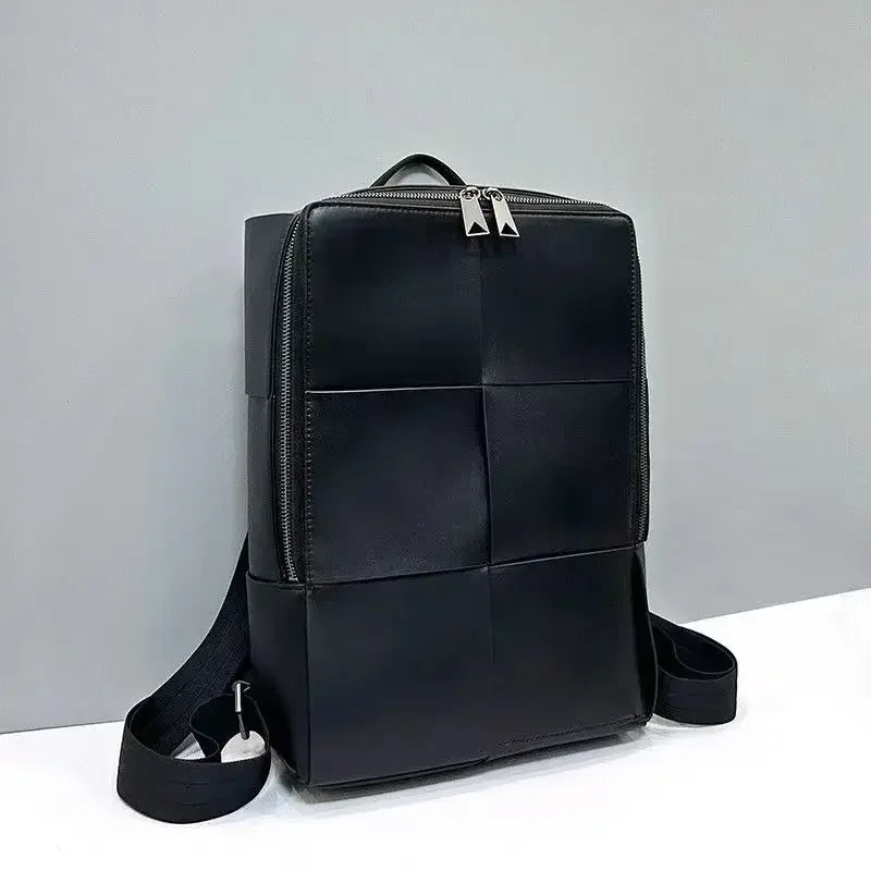 Genuine Leather Men Woven Backpacks Real Natural Leather Student Backpack Boy Luxury Weave Computer Laptop Bag