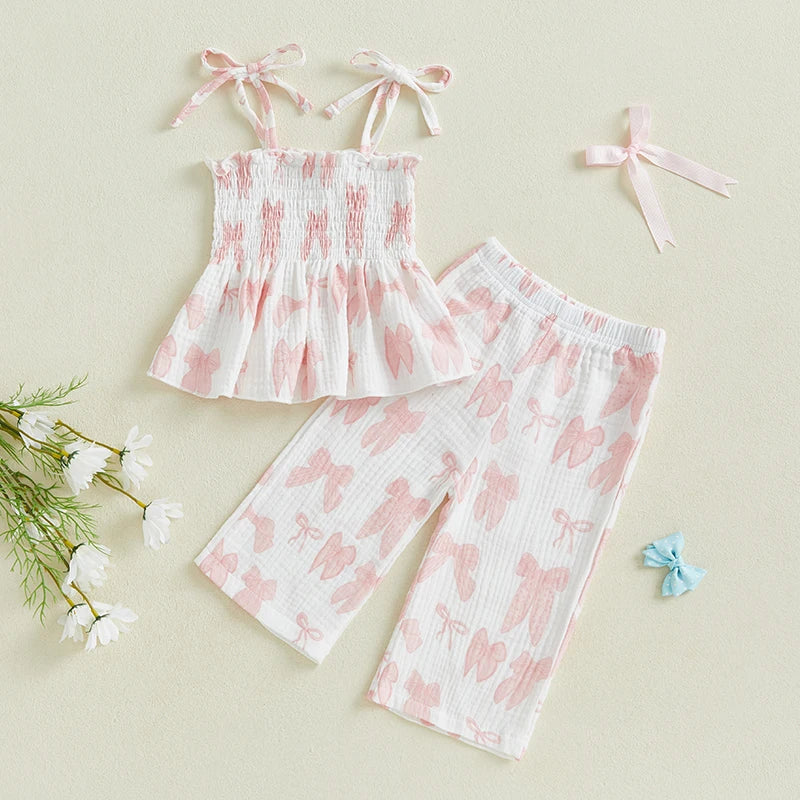 2025-01-02 Lioraitiin Summer Toddler Kid Baby Girl Clothes Set Sleeveless Lacing Strap Camisole Elastic Waistband Pants Outfits