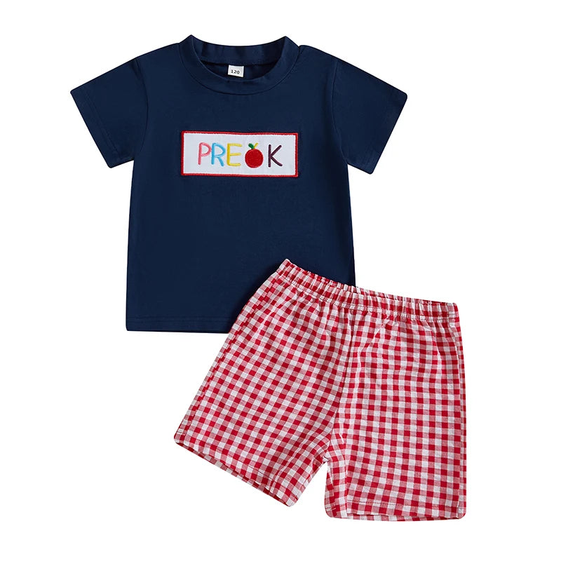 Boys Summer Outfit Set with Short Sleeve O Neck Embroidered Top and Plaid Shorts for a Stylish Look