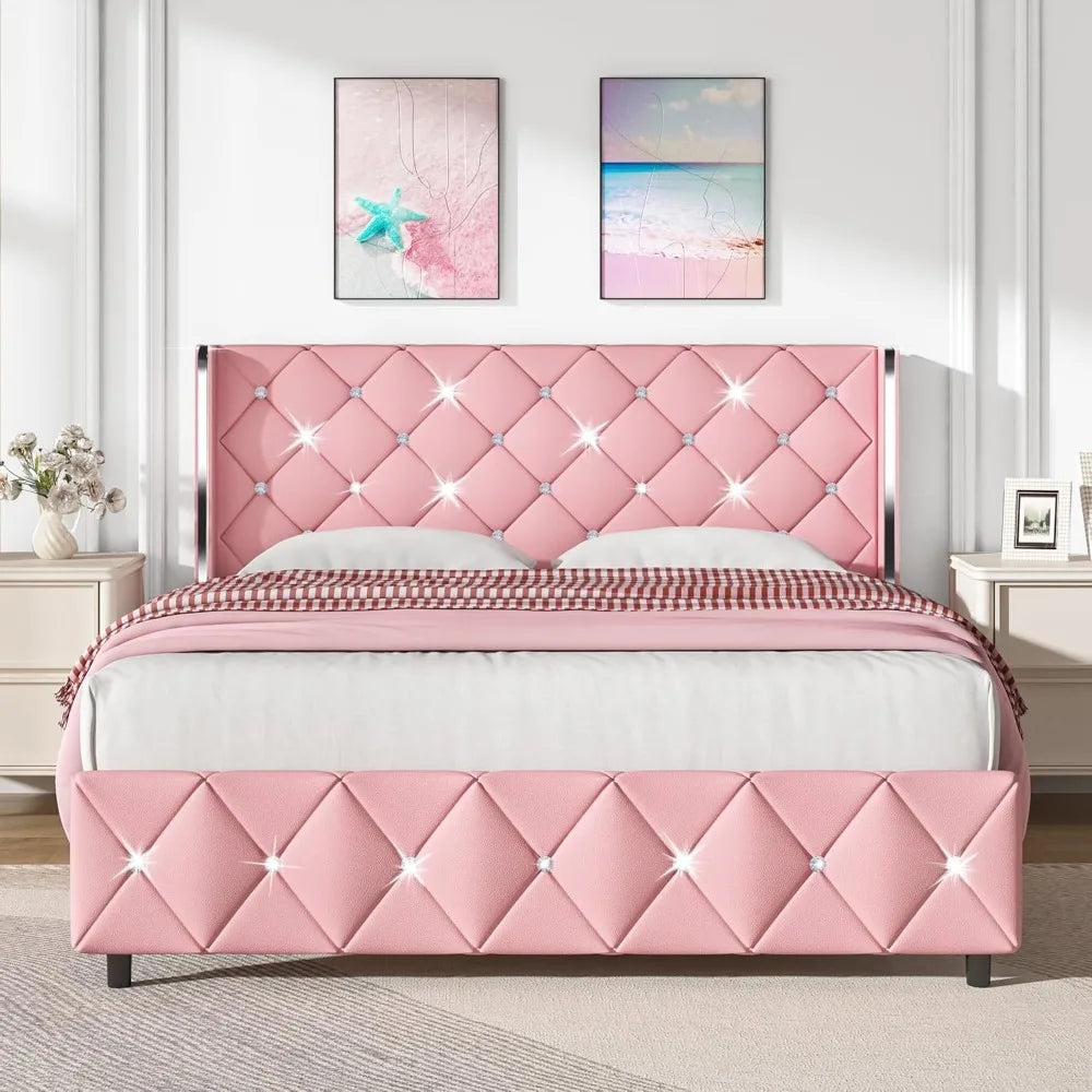 Queen Size Bed Frame with Diamond Headboard, Pink Bed Frame Queen, Upholstered Platform Bed Frame Faux Leather