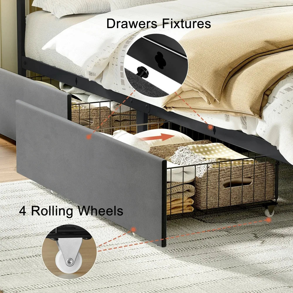 Bed Frame with Headboard, Platform Bed with 2 Drawers, Velvet Upholstered Bed Frame with LED Lights & Charging Station, Beds
