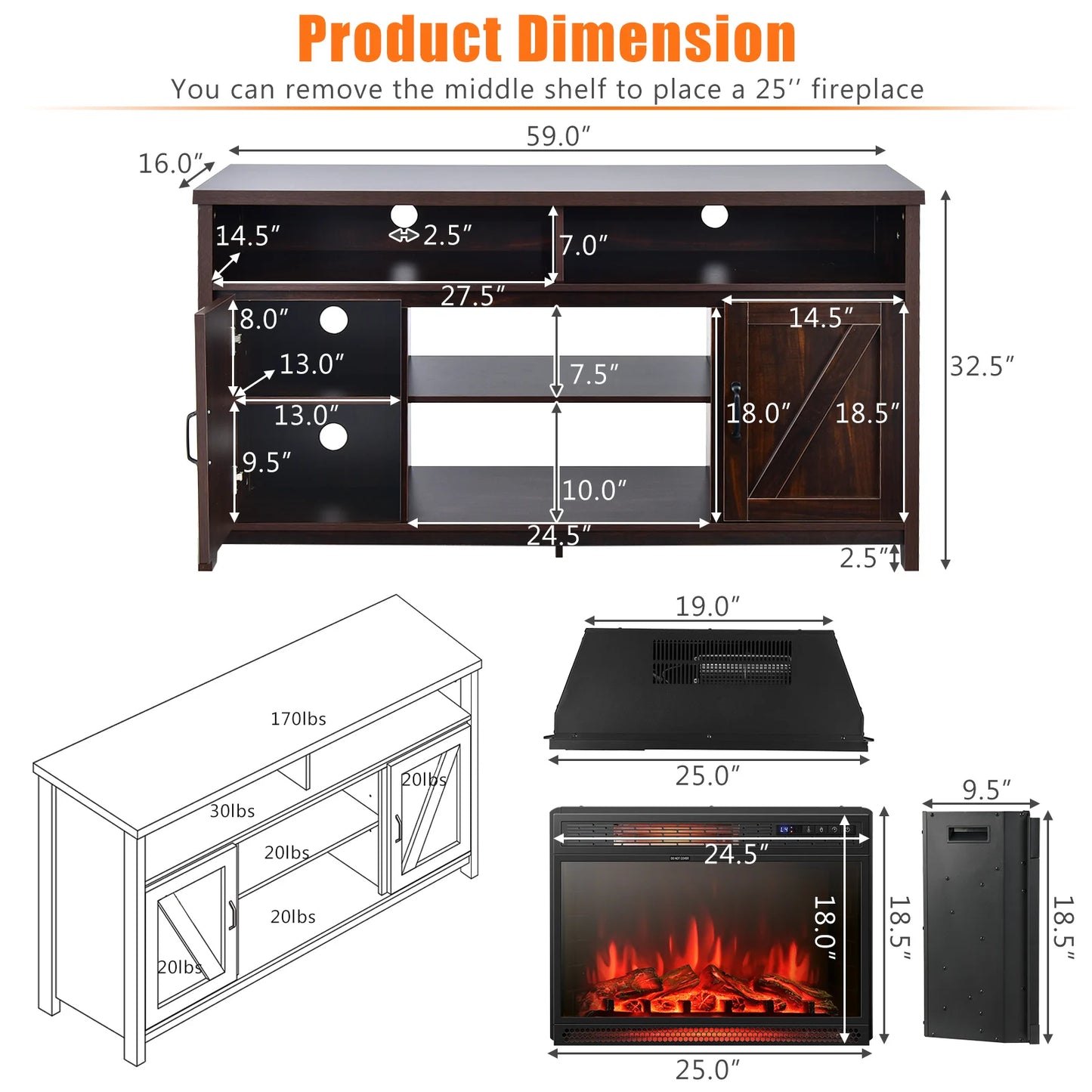 59" Fireplace TV Stand W/ 25" 1350W Electric Fireplace Heater Coffee
