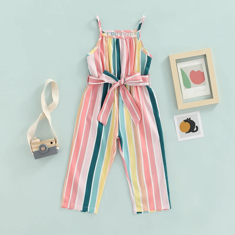 Girls Casual Bandage Sleeveless Suspender Jumpsuit Summer Fashion Stripe Printing Overalls Long Pants Children's Clothing