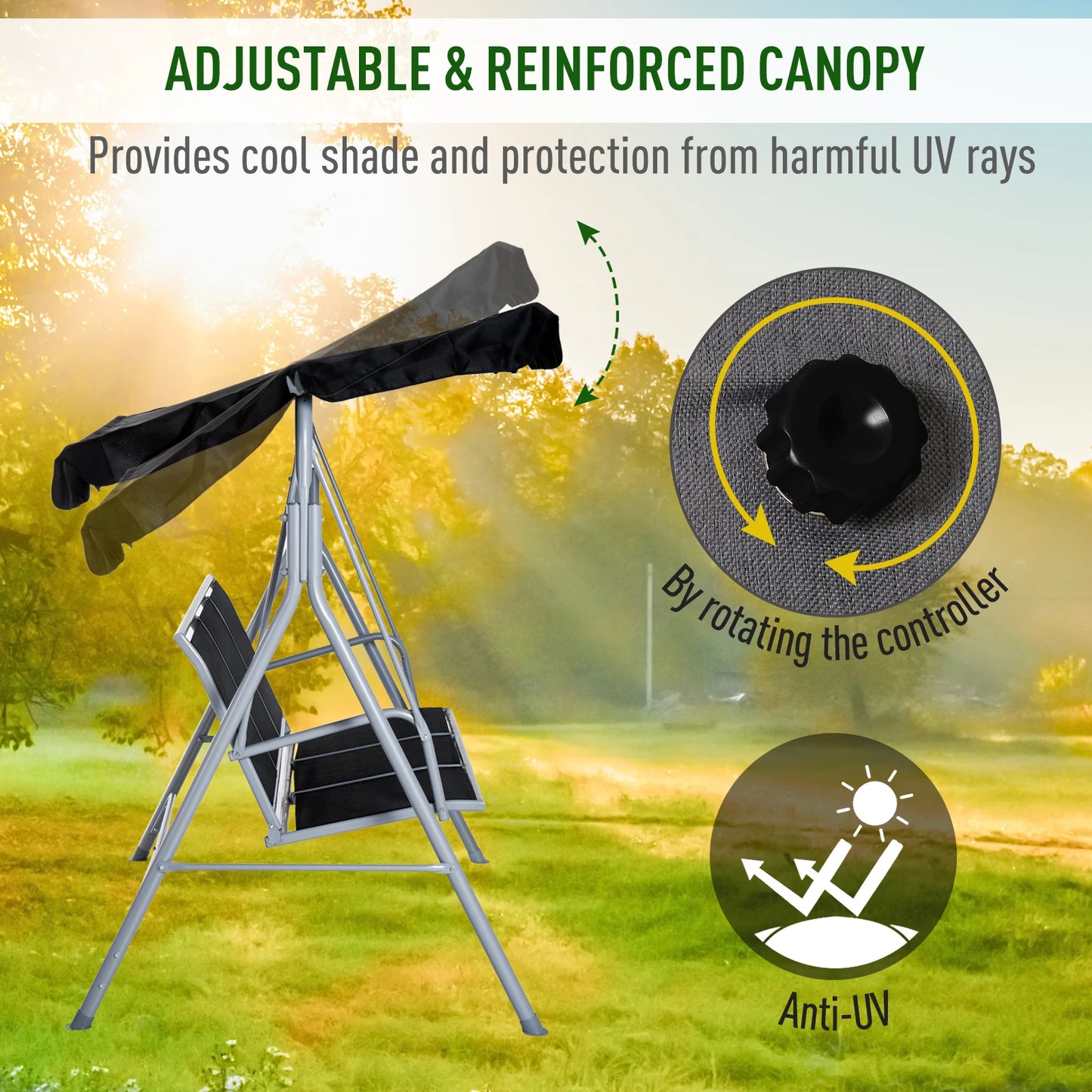 Outsunny 3 Seater Swing Chair Garden Canopy Swing Bench Hammock with Breathable Fabric for Patio, Black