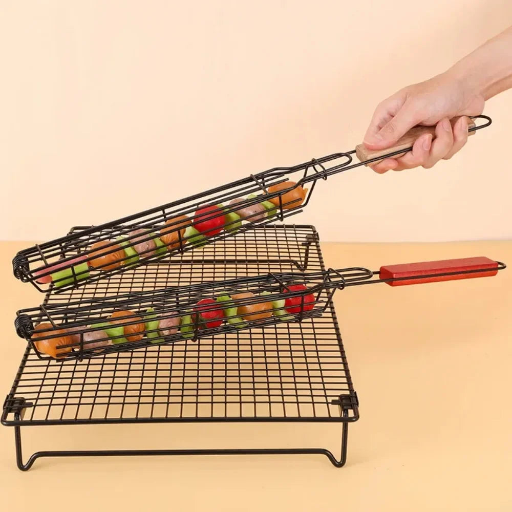 Barbecue Grill Stainless Steel Non-Stick Grill Basket with Handle BBQ Roast Rack for Home Outdoor Picnic Kitchen Dining Tools