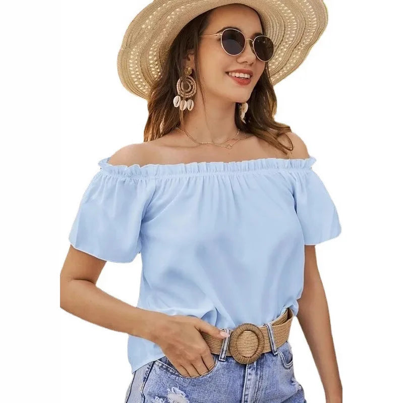 Women's Clothing 2025 Spring and Summer New Arrivals Holiday Style Off-shoulder Ruffled Shirts Women's Tops