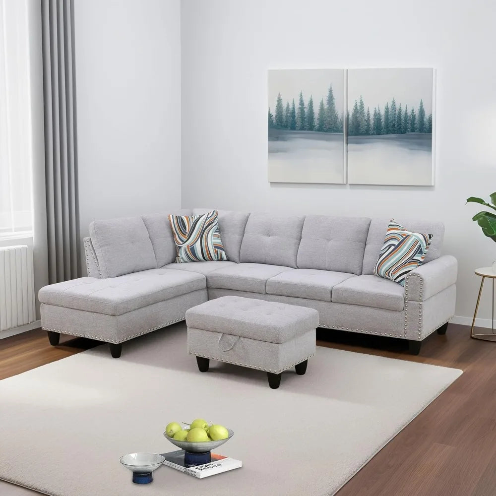 Linen 3-Piece Sofa Living Room Sofa Set with Storage Ottoman & Decorative Copper Nails,Reversible Coffee Table，Cup-Holder,Grey
