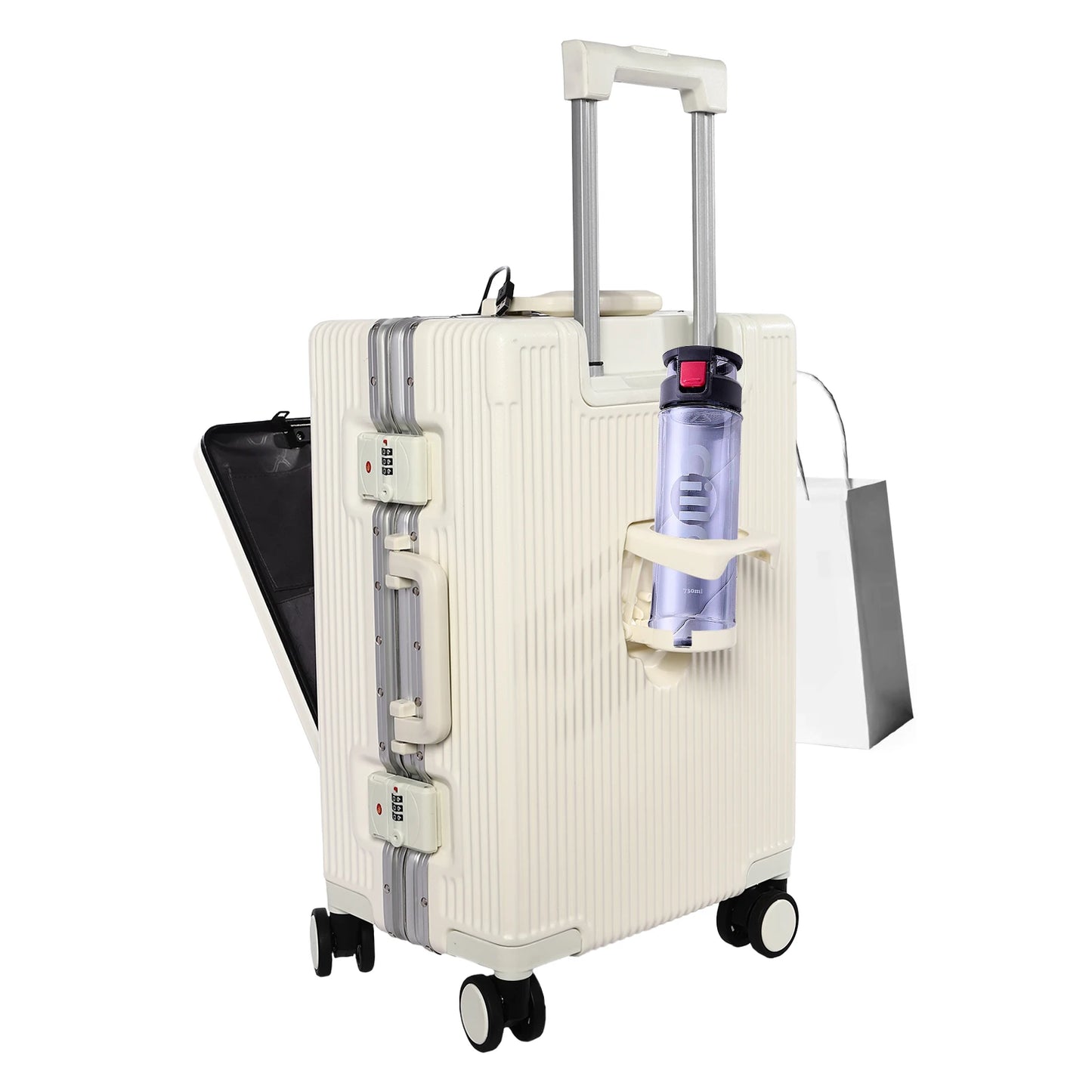 20" Front Open Boarding Suitcase Multifunctional Universal Wheel Suitcase Boarding box Rolling Luggage Bag with Cup holder