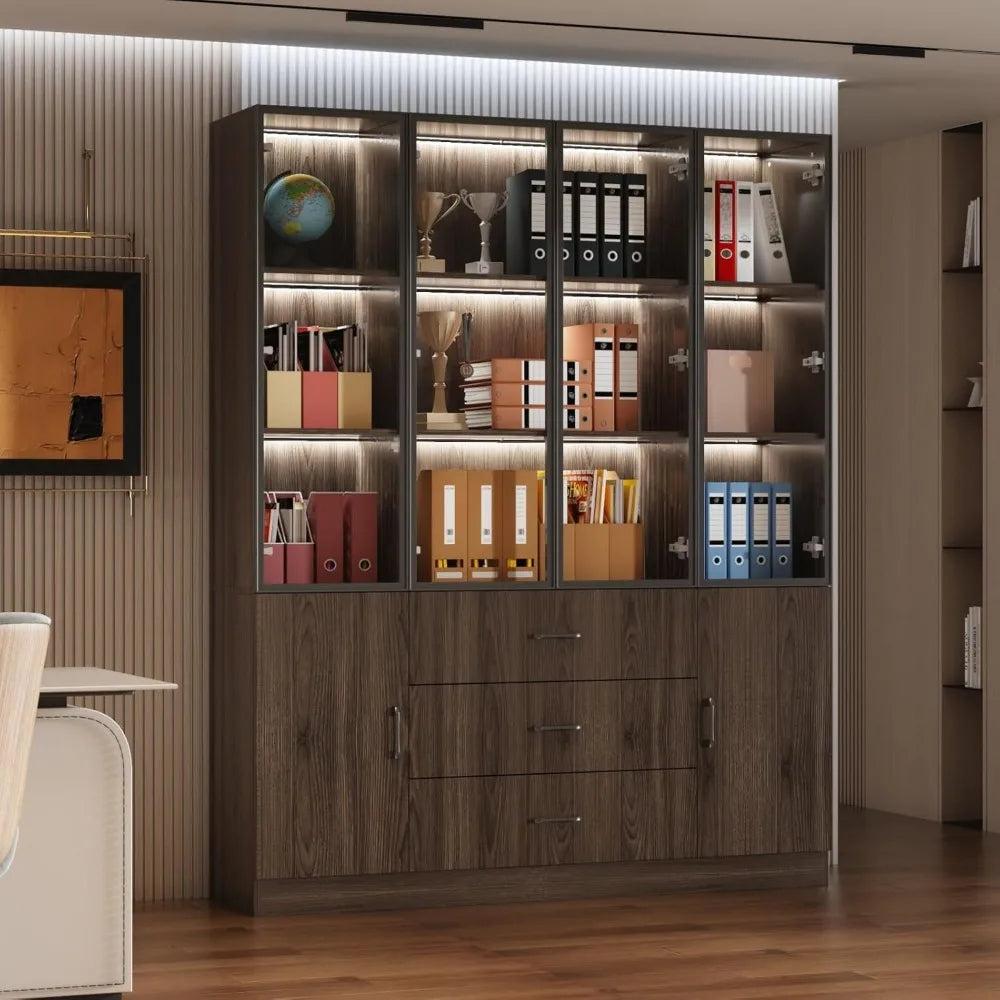 Display Cabinet with Glass Doors and Lights, Display Case Trophy Case with 3 Drawers & Storage Shelves, Pop-up Design, Glass Ca