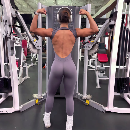 Women's One-piece Yoga Jumpsuit Short Sleeve Open Back Slim Fit Sports Outfit Tights Quick-drying Hip Lift Gym Fitness Clothes