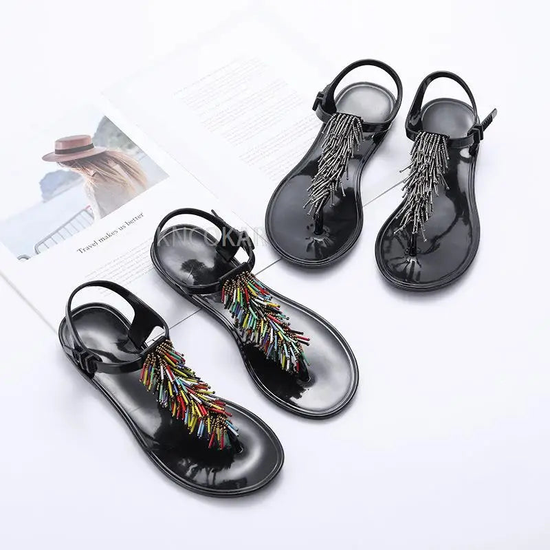Women's Shoes Flip-flops Sandals for Woman Black Footwear Plastic with Low Heels Summer 2025 Crystal Pvc