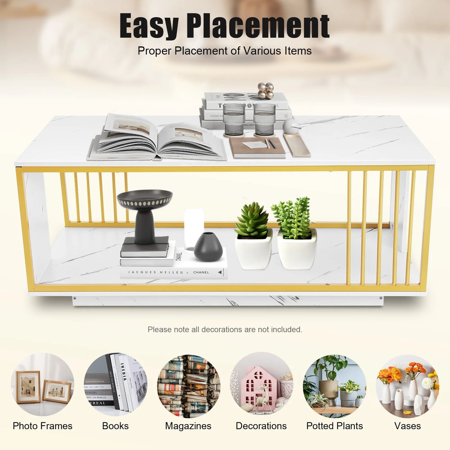 Modern Two-Tier Coffee Table with Marble Pattern, Gold & White Rectangular Living Room Tablem, 25kg Load Capacity, Easy Assembly