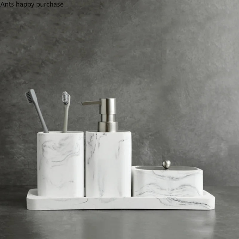Bathroom Four Piece Set Resin Marble Bathroom Set Wash Sets Lotion Bottle Mouthwash Cup Cotton Swab Box Tray Soap Dispenser