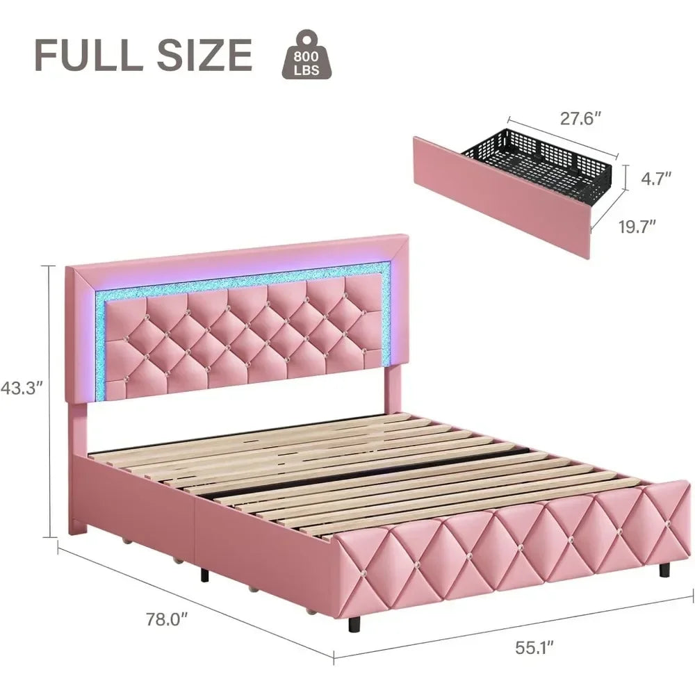 Full Size Bed Frame with LED, Storage Drawers, Princess Platform Bed with Diamond Headboard and Footboard, Upholstered Bed Frame