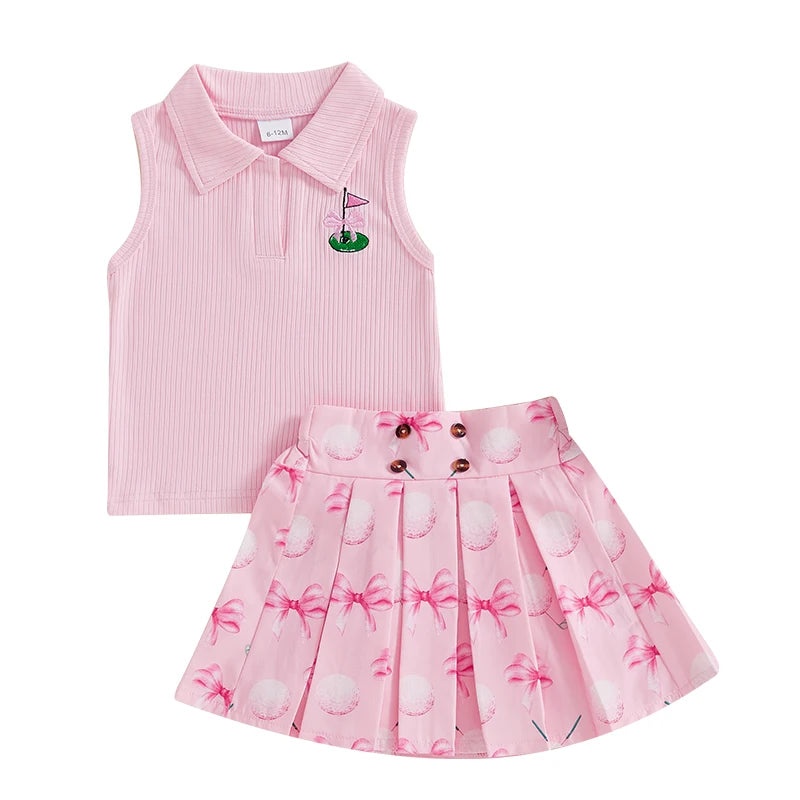 Kids Girl Outfit Lapel Sleeveless Tank Tops and Golf Print Pleated A-Line Skirt Set for Toddler Summer Clothes
