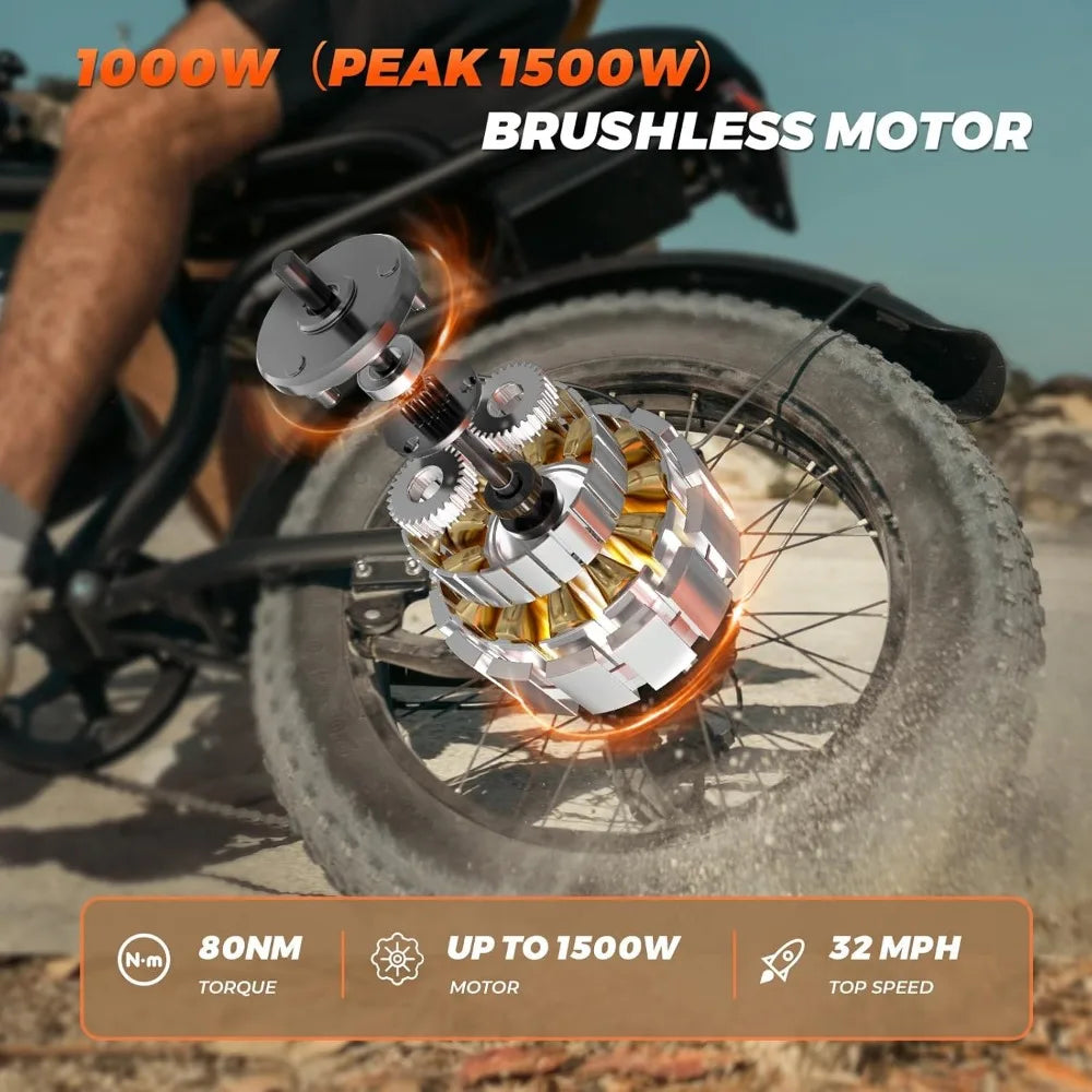 Electric Bike,20”x 4”Fat Tire，Peak 1500W Motor,7 Speed Electric Motorcycle Bicycle, 48V15AH/13AH Battery 3 Riding Modes Up to