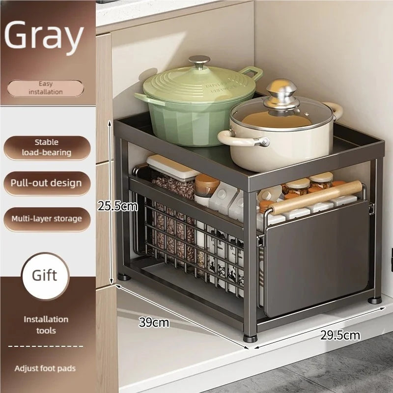 Kitchen Pull-out Basket Shelf Multifunctional Under Sink and Under Vanity Double Storage Shelf Save Space For Storage Items