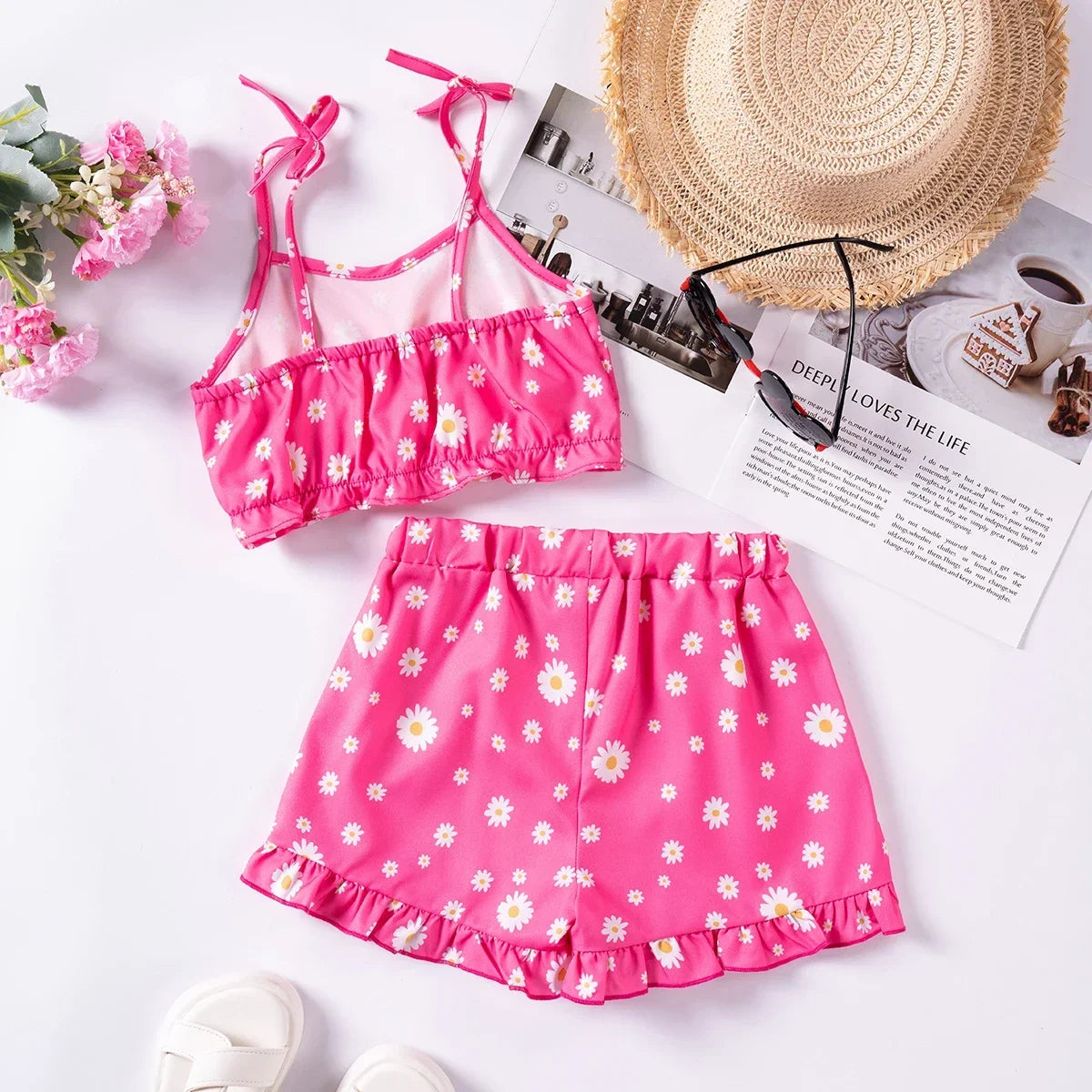 Toddler Girls Tank Top + Shorts Set Summer Floral Print 2pcs Two Colours Available for Birthday Party or Beachwear
