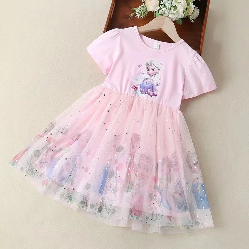 2025 New Disney Summer Kids Dress Clothes Pretty Girls Dresses Frozen Elsa Anna Princess Party Costume For Children Clothing