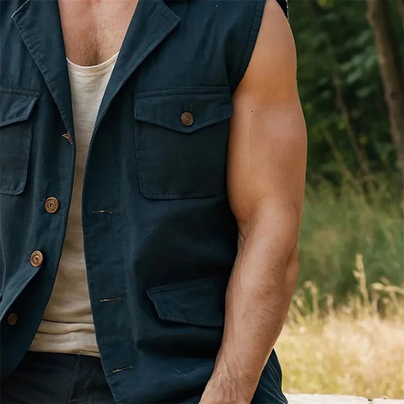Men s Solid Color Sleeveless Button Down Tank Top with Turn Down Collar and Convenient Pockets for a Stylish Look
