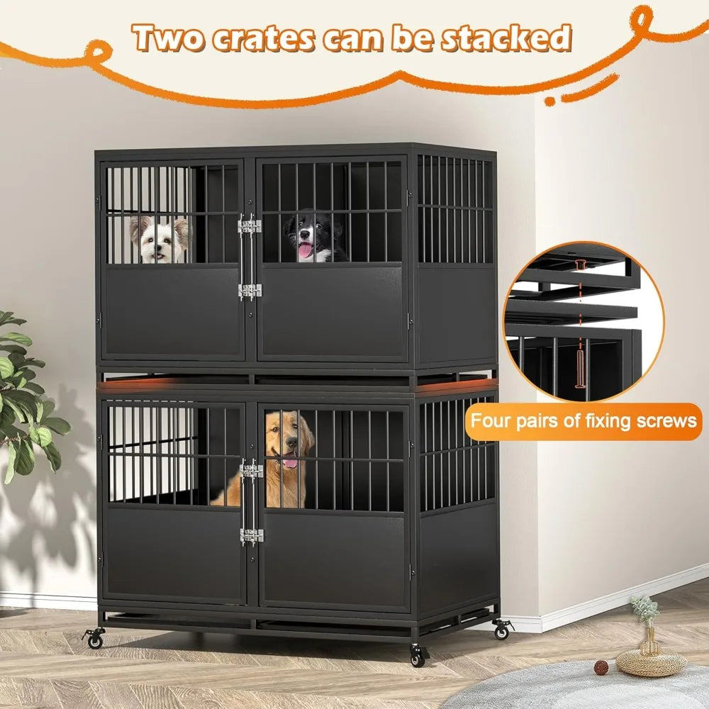 48 inch Stackable Heavy Duty Dog Crate with Divider, Metal Indestructible Anxiety Dog Kennel for Two Small or One Large Dogs, Ch