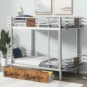 Harper & Bright Designs Metal Triple Bunk Bed with Stairs, 3 Beds Bunk Bed & Twin Over Twin Bunk Bed with Storage Shelves Stairc