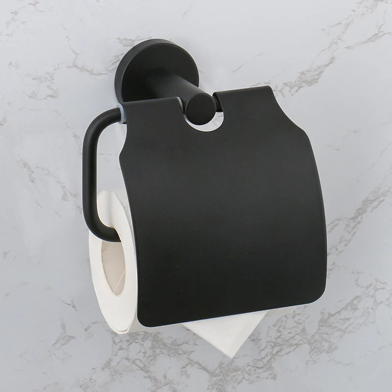 Bathroom Accessories Towel Rack Shelf Bar Roll Paper Holder With Cover Hand Towel Bar Holder Robe Hook Toilet Brush Holder Black
