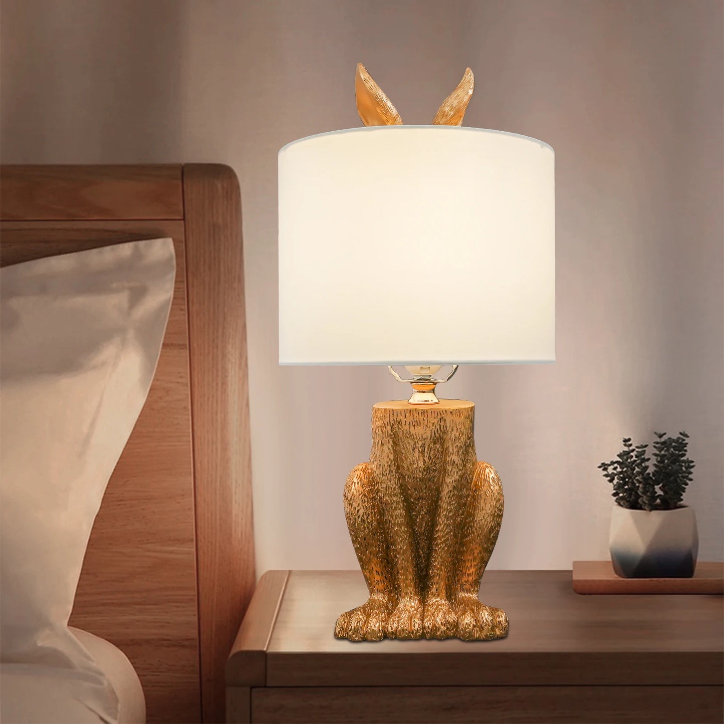 Gold Cute Rabbit Table Lamp, Modern Resin Tabletop Lamp with Push Button Switch, E26 Base for Bedroom Living Room Office Decor