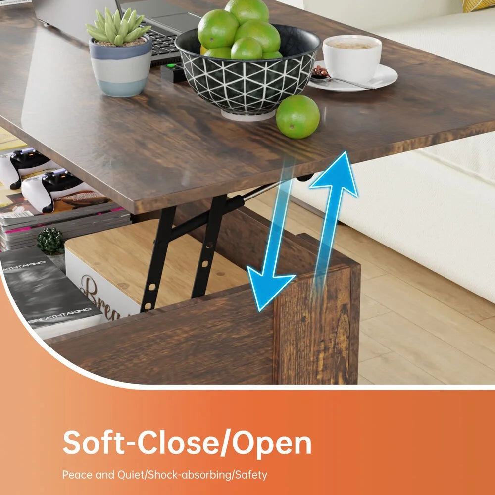 Elevating coffee table with hidden compartment and storage shelf